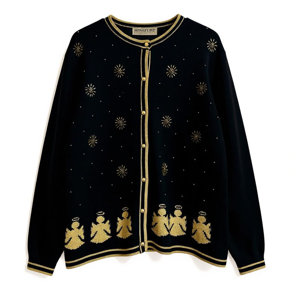Vgt Women's Signature Expressions Black Sweater Gold Angels, Buttons & Beads M